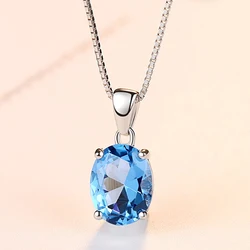 CZCITY Sky Blue Topaz Stone Pendant Oval Shape Natural Stone 925 Sterling Silver White Gold Plated Chain Necklace for Women
