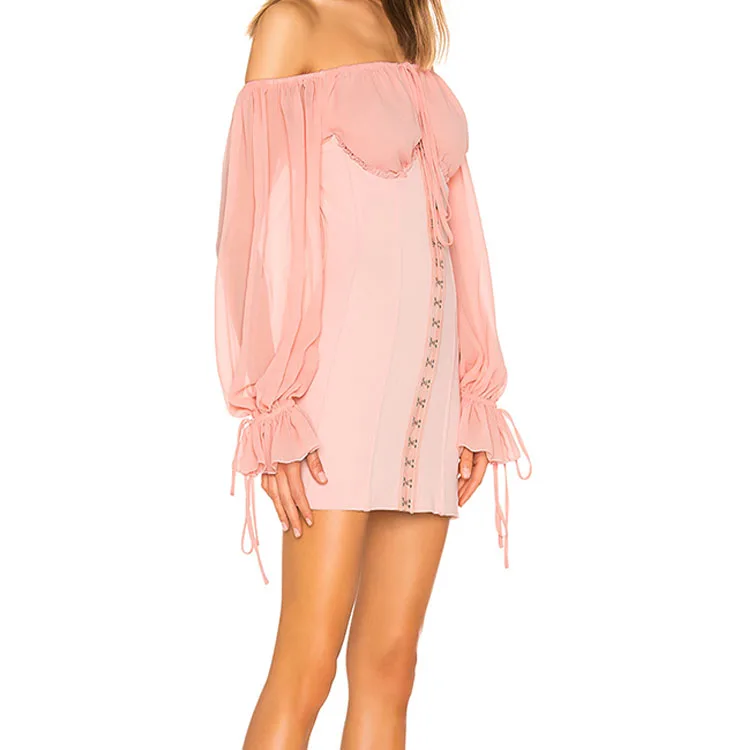 
China manufacturer wholesale off shoulder long sleeve chiffon patchwork sexy pink bodycon dress women bandage dress 