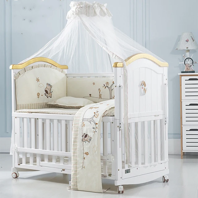 Convertible Wooden Baby Cot Bed Cradle Crib Multi Functional Free Mosquito Net