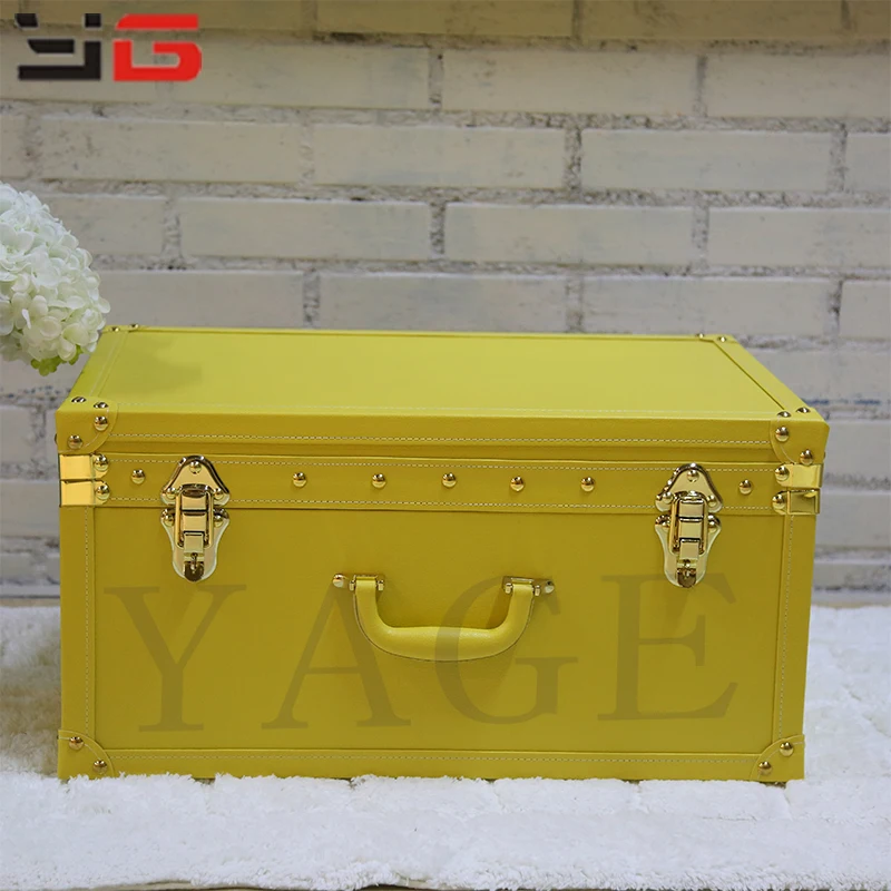 Decorative set of 3 yellow vintage faux leather wood classic suitcase