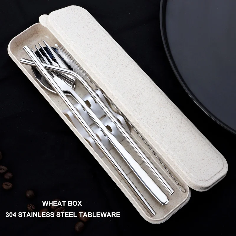 
5pcs Portable Luxury Stainless Steel Flatware Cutlery Sets with Wheat Gift box for Promotion 