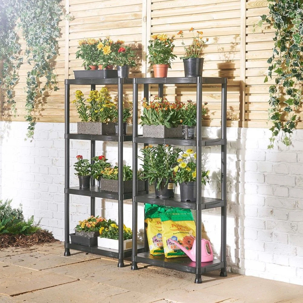 4 Tier Black Plastic Shelving Rack Unit Shelf Organiser Holder Garage Shed