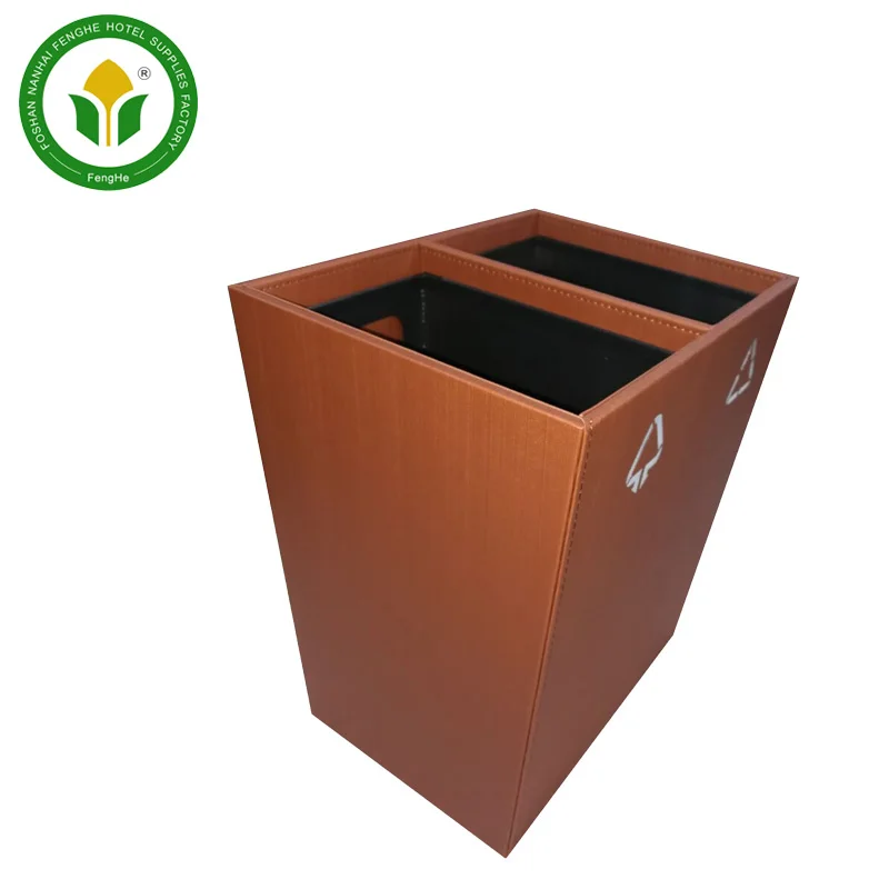 Hotel room brown leather recycling waste bin dustbin trash bin