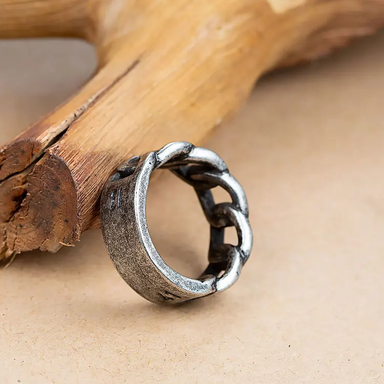 Custom Black Vintage Stainless Steel Mens Finger Ring Chain Cuban Link Rings