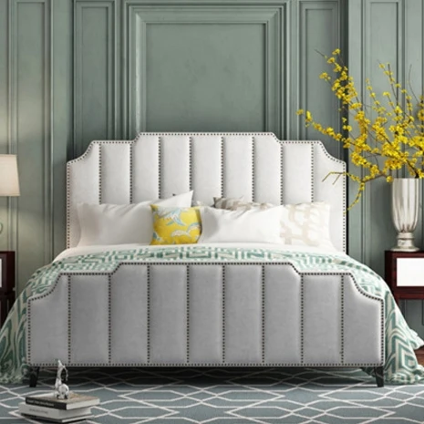 
 Современная мебель для спальни, Современная декоративная бархатная кровать с обивкой ногтями, Королевский размер  