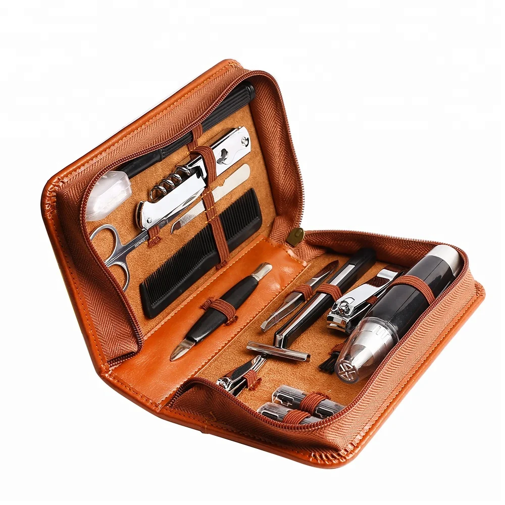 
2018 Best design leather pouch 14 in 1 man beard kit beard grooming kit 