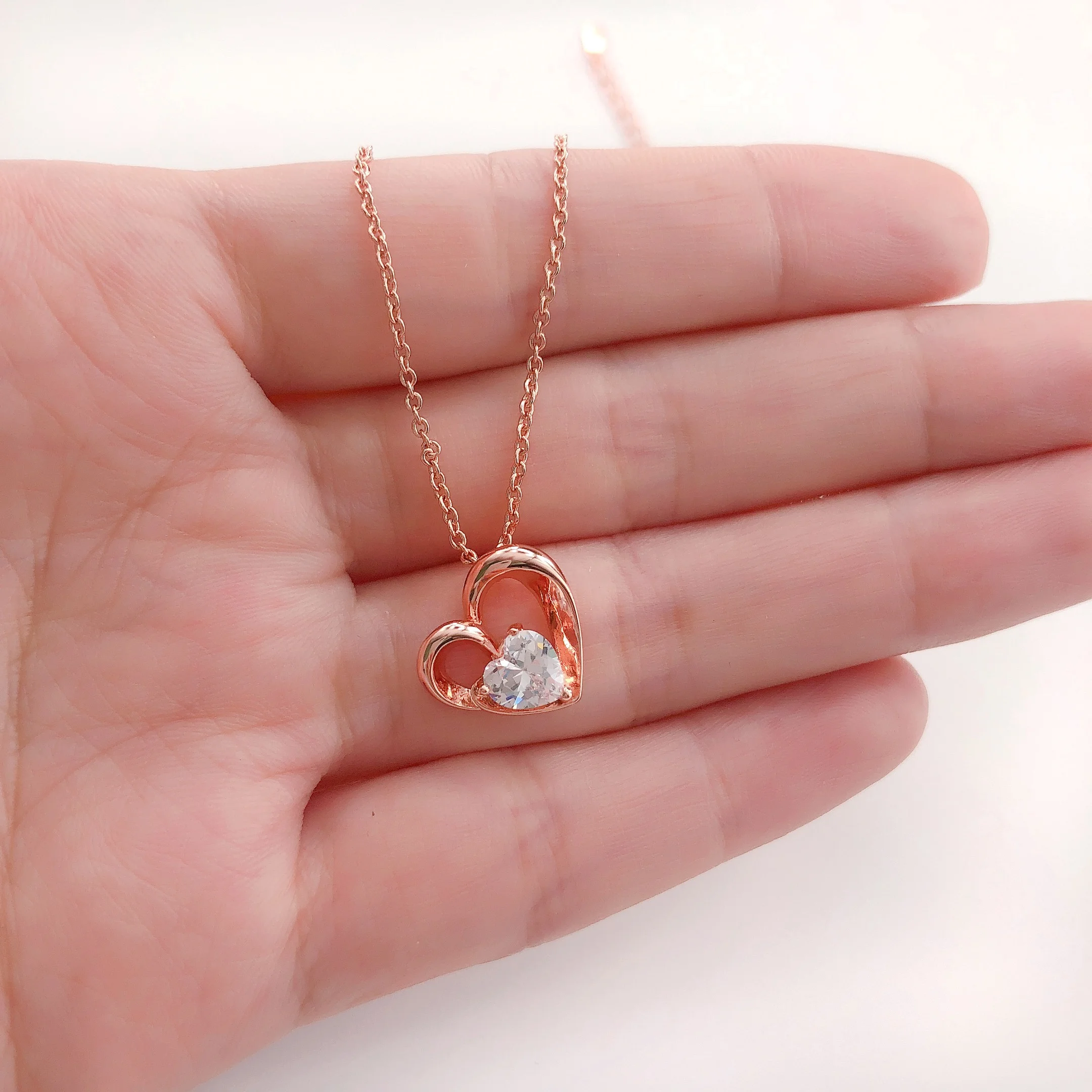 Woman fashion environmental copper jewellery beautiful rose gold color cz diamond necklace with heart shape pendant N056