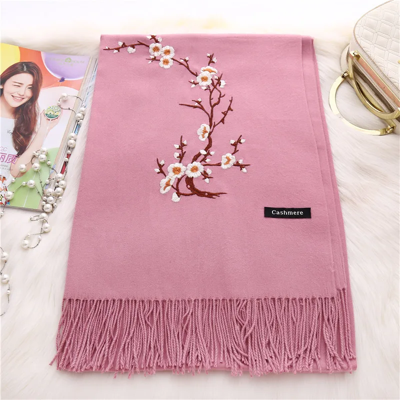 Factory Wholesale Tassel Floral Embroidered Cashmere Scarf Pashmina