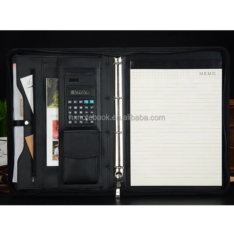 
New Style Multi A4 Zipper Portfolio Organizer pu leather Compendium With 4 Ring Binder file folder with LOGO embossed 