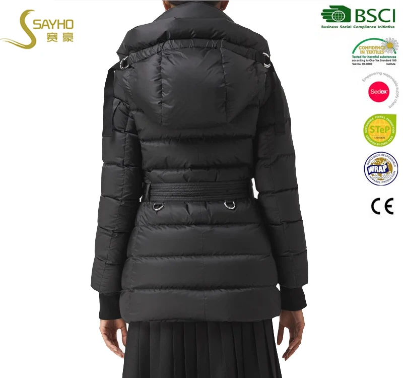 New design women winter down insulated puffer jacket with waist belt