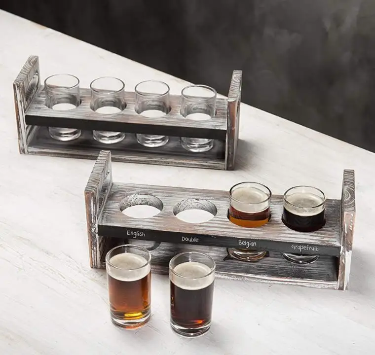 Rustic Torched Wood Craft Beer Flight Tasting Serving Tray With 4 Glasses And Chalkboard
