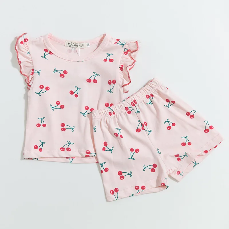 Summer girls clothing set cherry printed cotton baby suit