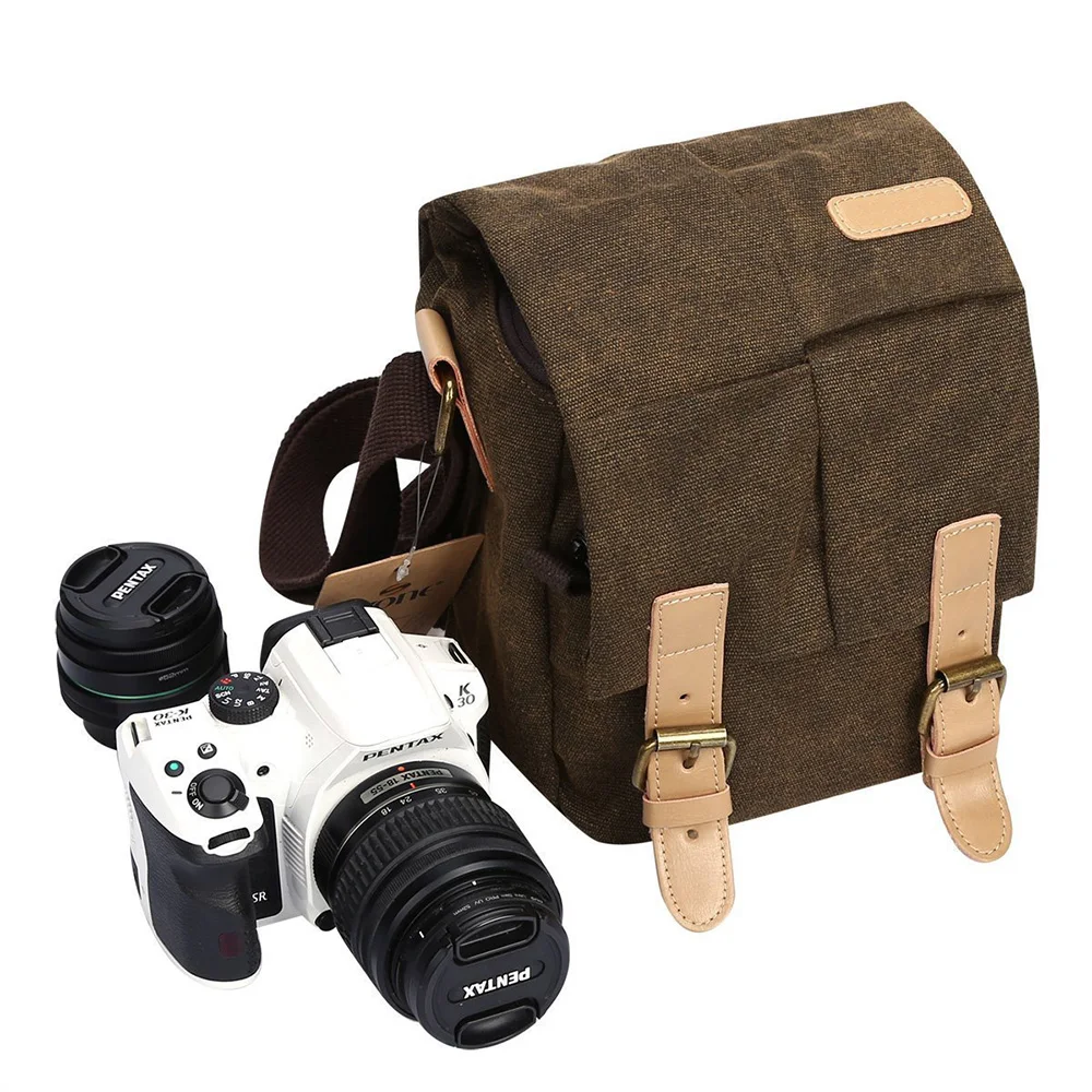 
Vintage Waterproof Canvas Leather Trim DSLR SLR Shockproof Camera Shoulder Messenger Bag 