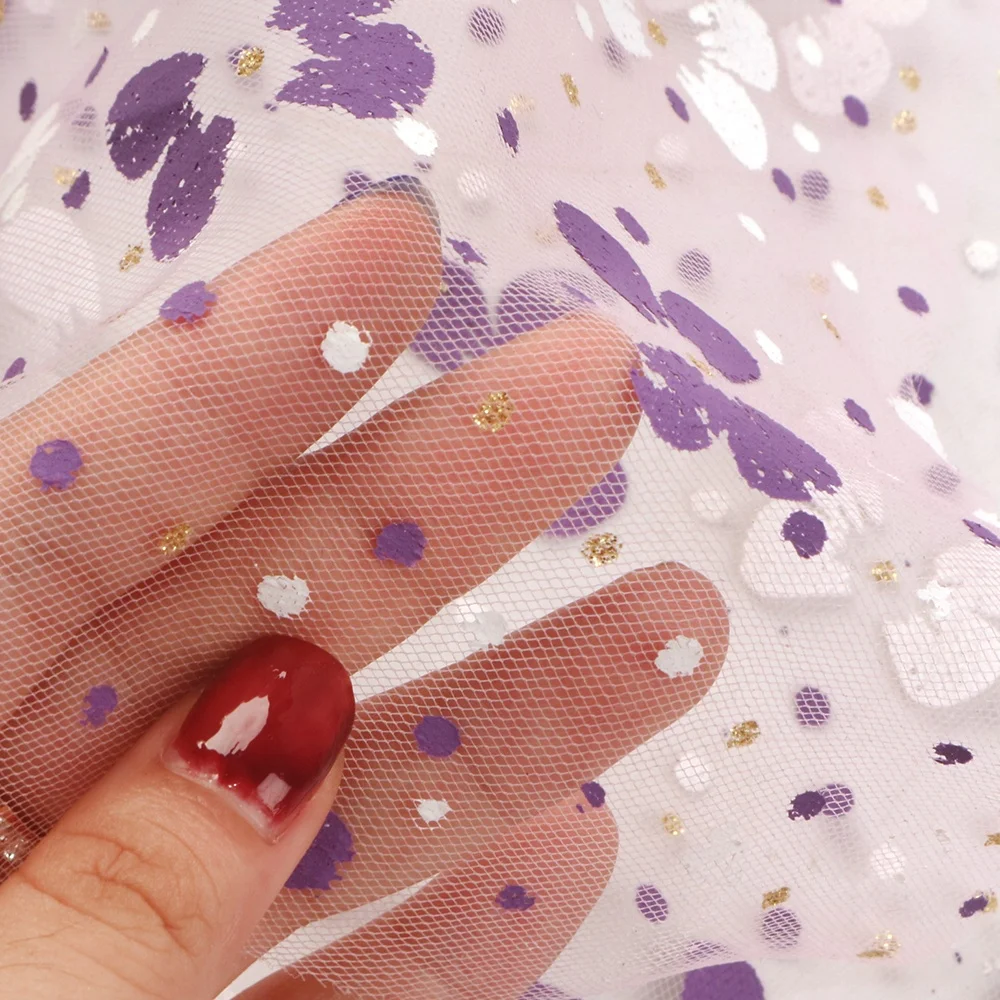 
19 by 59 inch Gold Glitter Dot Purple Knot Bow Organza Lace Tulle Fabirc47666 