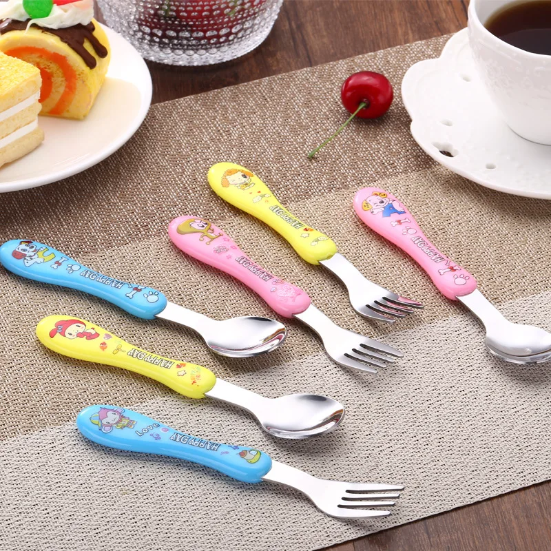 Colorful Plastic Handle Cartoon Children Kids Baby School Picnic Hiking Dessert Dinner MINI Forks Spoons