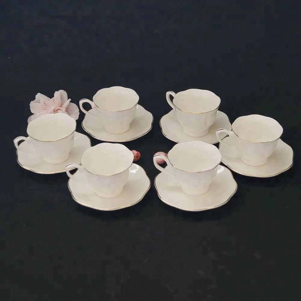 Ceramic 6 Sets Bone China Gold Rim Rose Tea Cups And Saucers