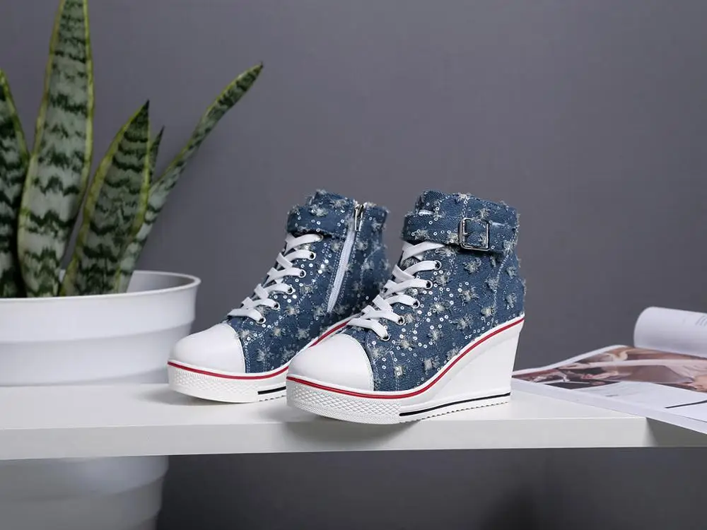Wholesale top quality fashion high heel sneakers women wedge heel canvas shoes