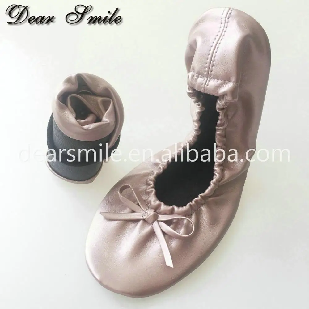 Rose Gold Popular lady folding ballerina shoes cheap disposable fold up ballet for wedding gift