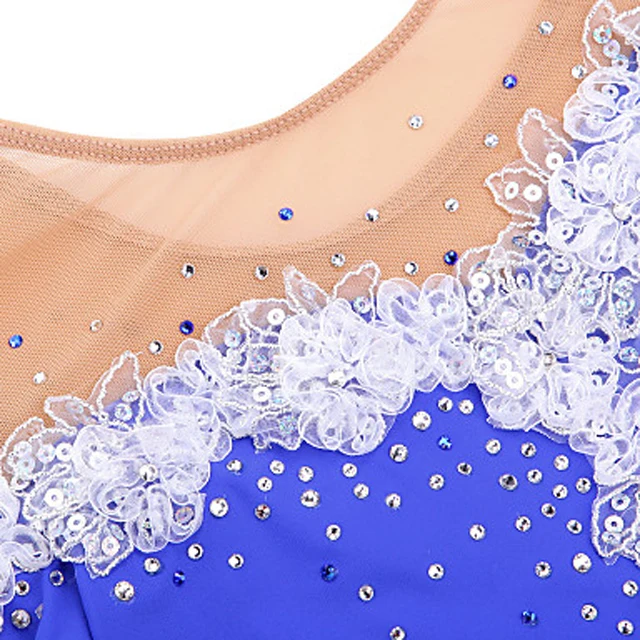 Платье для катания на коньках LIUHUO с драгоценными камнями, голубое платье с белыми цветами, женское платье для катания на коньках, костюм для сцены