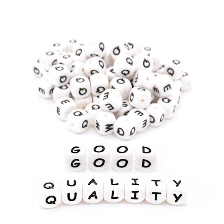 
12MM BPA Free Food Grade English Russian Letters Square Soft Silicone Chewing Baby Teething Alphabet Teether Beads 