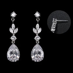 White Gold Plated Pear Cut Cubic Zirconia Crystal CZ Zircon Drop Earrings for Women Bride Bridesmaid