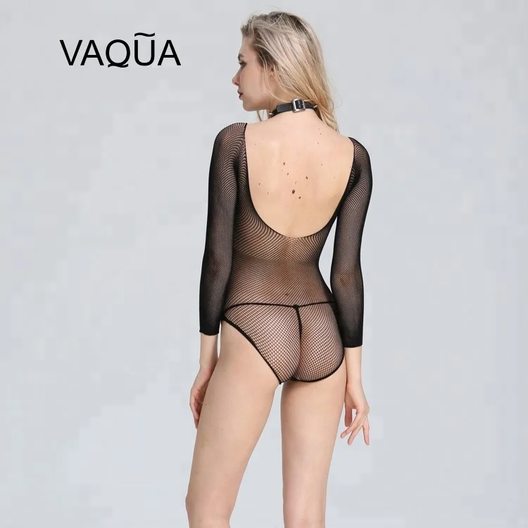 Black Hot Long Sleeve Deep V Fishnet Women Sexy Transparent Bodysuit