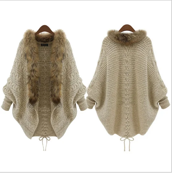 Wholesale Hot Sale Women Winter Fur Shawl Jacket Bat Sleeves Knitted Coat