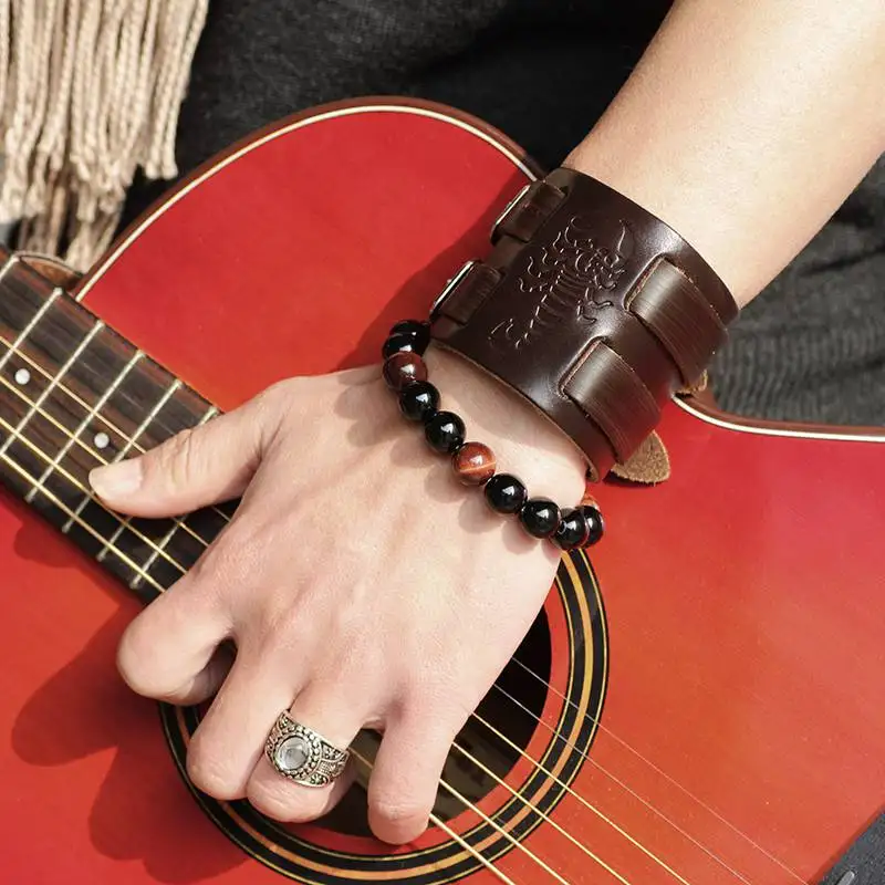 YK Factory Outlet Hot Sale Classic Cowboy Style Vintage Wide Skin Scorpion Jewelry Genuine Leather Bracelet