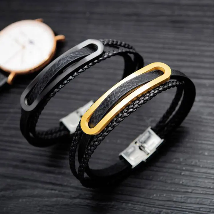 European Style Fashion Jewelry Wholesale Wrapped Multilayer Mens Leather Bracelet with Steel Clasp