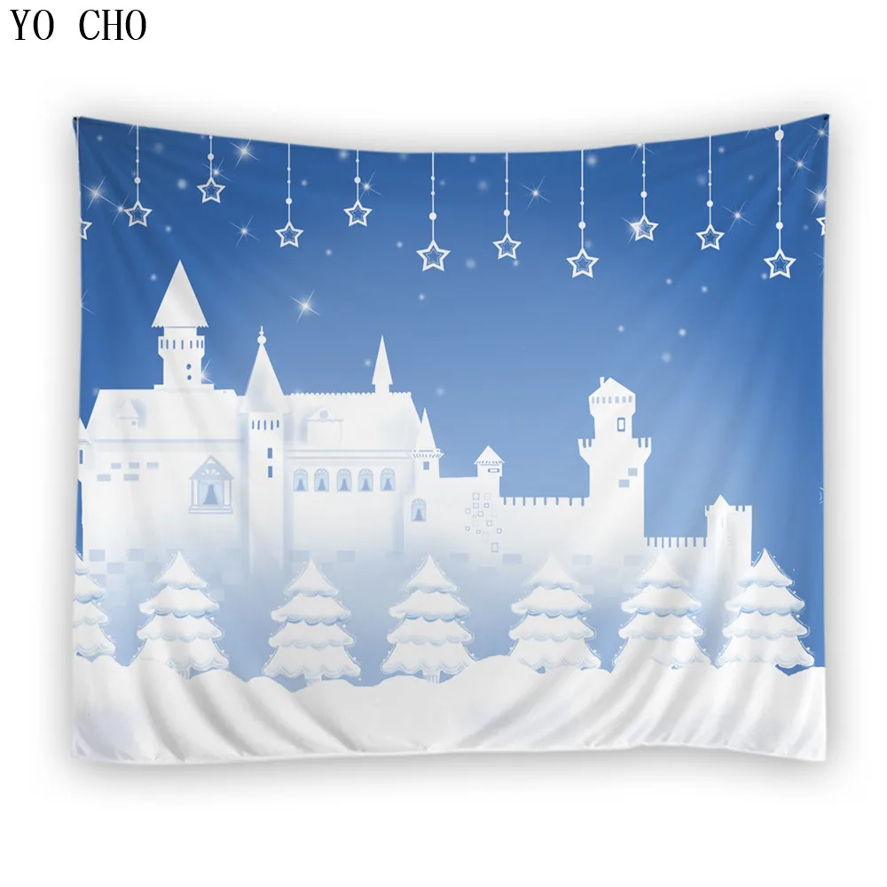 
YO CHO Wholesale polyester wall hanging tapestry with fantasy castles tree ice palace 3d jacquard rectangle cloth wall carpet 