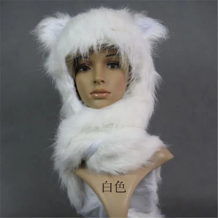 Fur Hood Hat with Ears Handmade Sewed faux plush scarf hat
