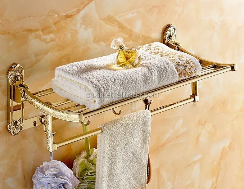 Brass gold plating bathroom folding towel racks with hooks