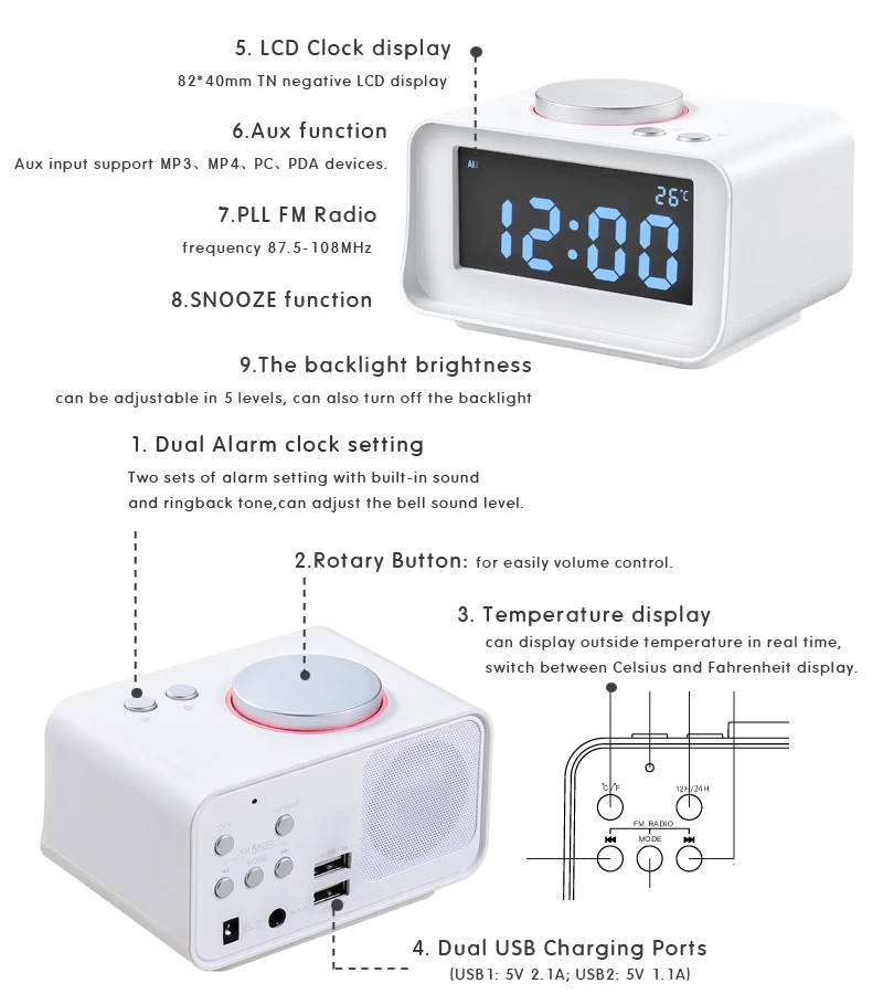 
Blue-tooth Home speaker with 2X 3W speaker Docking clock radio sound box Surround HiFi, LCD Display, 3.5mm AUX in 