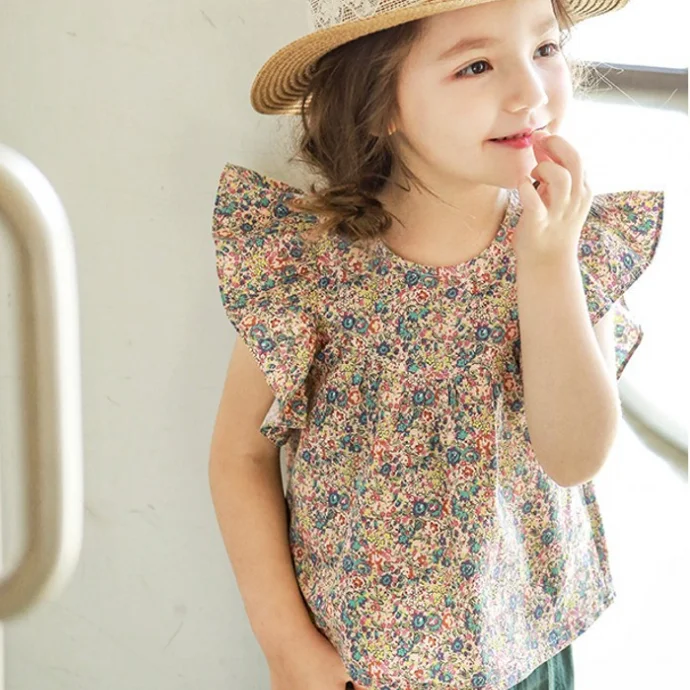 KS0687 Korean style girls puff sleeve flower t shirt