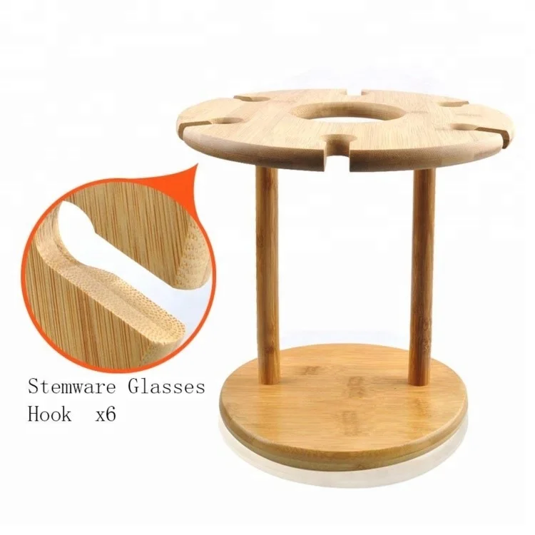 Bamboo Wine Bottle Glass Holder Hanging Upside Down Cup Goblets Display Rack for 6pcs Stemware Glasses and 1 wine bottle