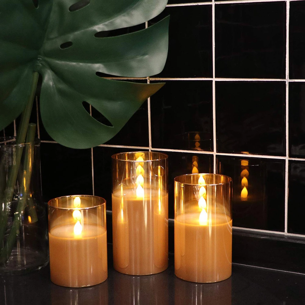 Glass cup LED Real Wax Candle Plain top with Timer Remote Control on/off switch