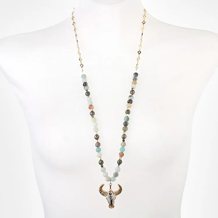 Factory Direct Sales Bull Head Pendant Amazonite  Beaded Men Necklace