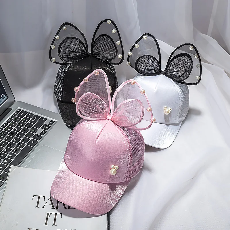 
Spring Summer Children Baseball Cap Girls Snapback Hip Hop Caps Rabbit Ear Pearl Big Bow Kids Sun Visor Hat 