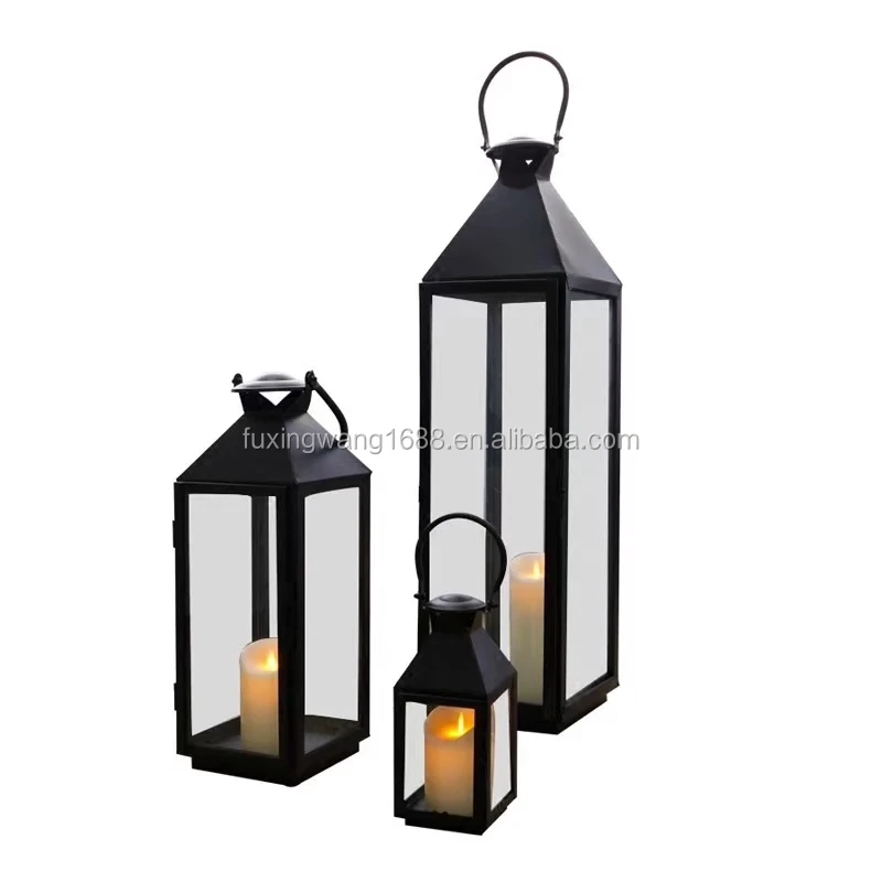 Vintage Candle Lantern with LED Candle - Tabletop Lanterns Decorative Outdoor Large - Outdoor Hanging Lantern Black