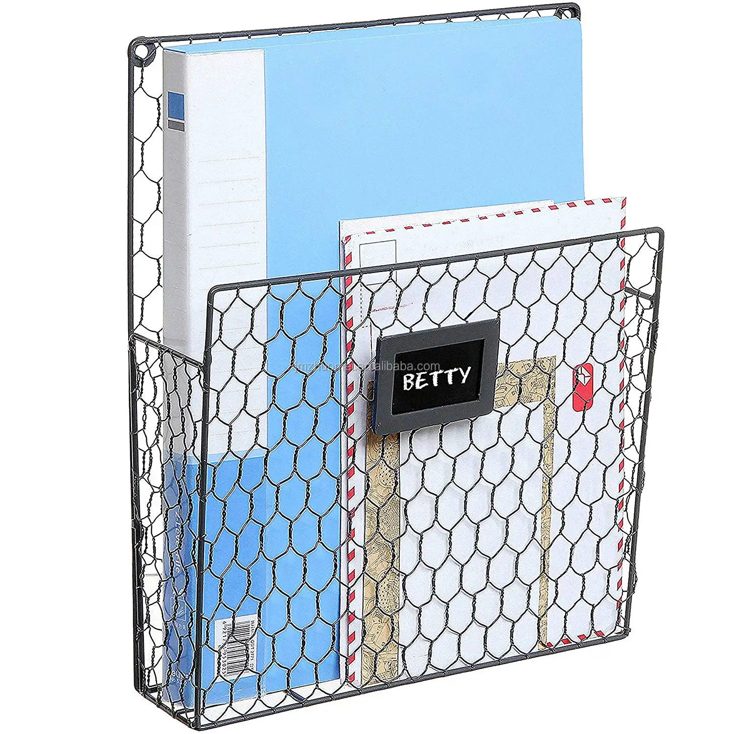 
Chicken Wire Wall-Mounted Metal Magazine Organizer Basket Rack w/Chalkboard Label 