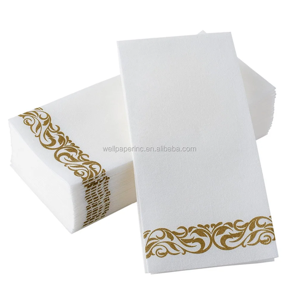 Soft and Absorbent Linen-Feel Paper Guest Towels Disposable Hand Towels & Decorative Bathroom Napkins White and Gold (100-Pack)