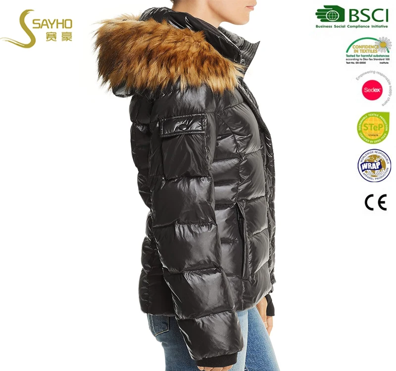 
OEM ODM custom women nylon feather down jacket with fur hood 