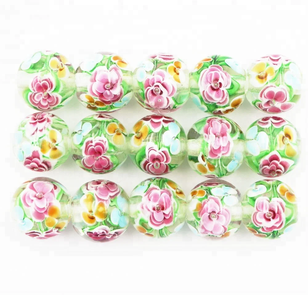 20mm Big hole Lampwork Glass Round Flower Focal Beads for Women Girl Jewelry Table Lamp Crafts Decoration