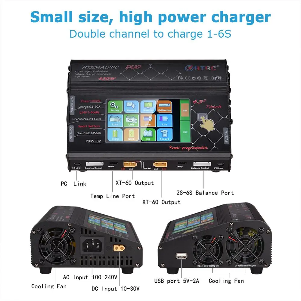 HTRC HT206 AC/DC DUO RC Toy Lipo Battery Balance Charger 400W 40A Dual Port LCD Touch Screen for Lilon/LiPo/LiFe/LiHV Battery