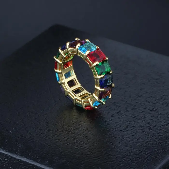 Hiphop Jewelry 18K Gold Plated Men Rainbow Baguette Ring