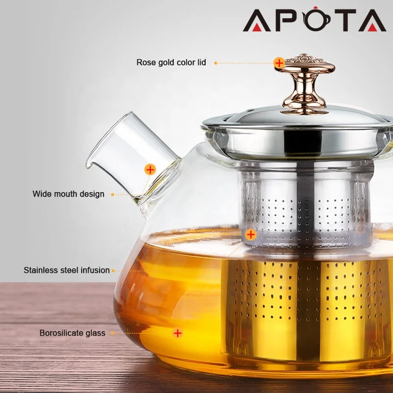 Pyrex Glass Teapot Wide Mouth Design With Rose Gold Lid 450ml 700ml 1000ml