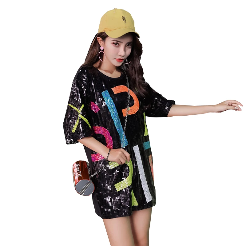
Women Hip Hop Costumes Clothing performance Sequin Top Shiny Custom T Shirts Dress 