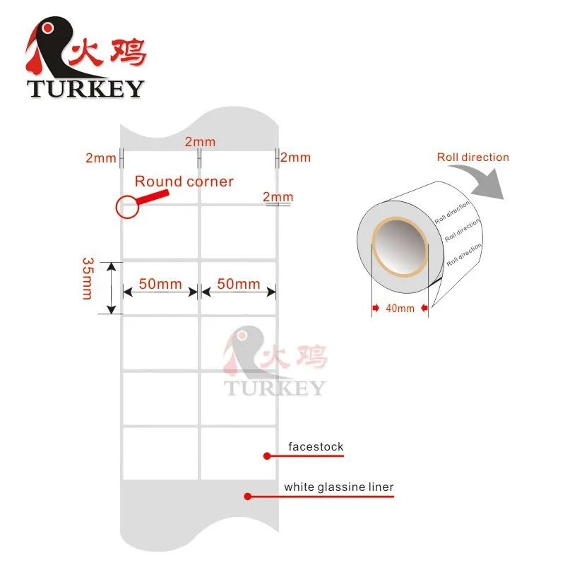 Waterproof thermal transfer PP  label 50x35mm, roll of 2500 labels, tear resistance customize order