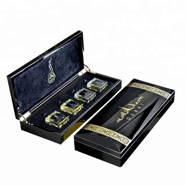 custom design piano black lacquer finish luxury top grade black perfume box with metal logo on top