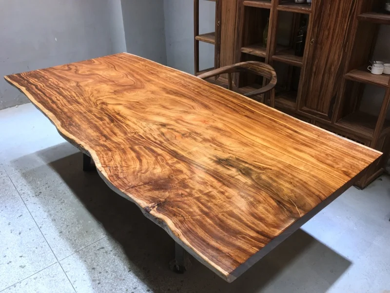 Natural edge wood slab with free table legs 6 people sitting wooden dining table